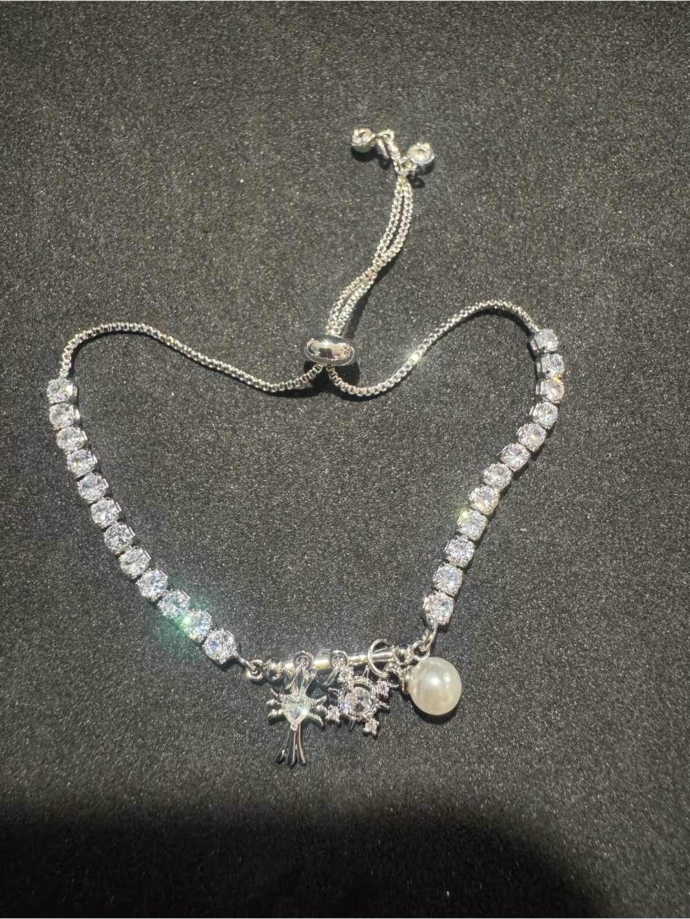Sterling Silver Crystal Tennis Bracelet with Pearl Charm